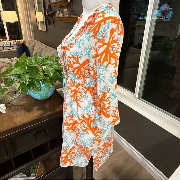 Mudpie Bag Lady Lightweight Linen Cinch Waist Coral & Teal Beach Dress Coverup - Picture 3 of 5